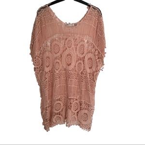 Le Dor Women's Peach Round Neck Lace Kaftan Sleeve Pullover Tunic Top Size 1XL